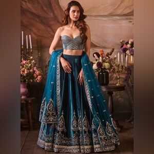SOLD Lashkaraa I Royal Blue Embroidered Velvet Corset-Style Lehenga